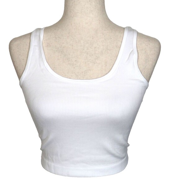 OQQ White Ribbed Seamless Stretchy Square Neck Cropped Tank Top Size Large - Picture 2 of 6